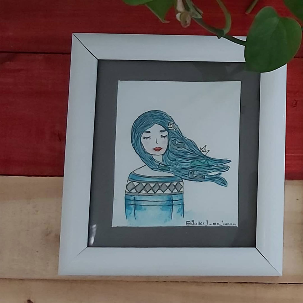 تابلو نقاشی طرح دختر زُلف دریایی با قاب pvc